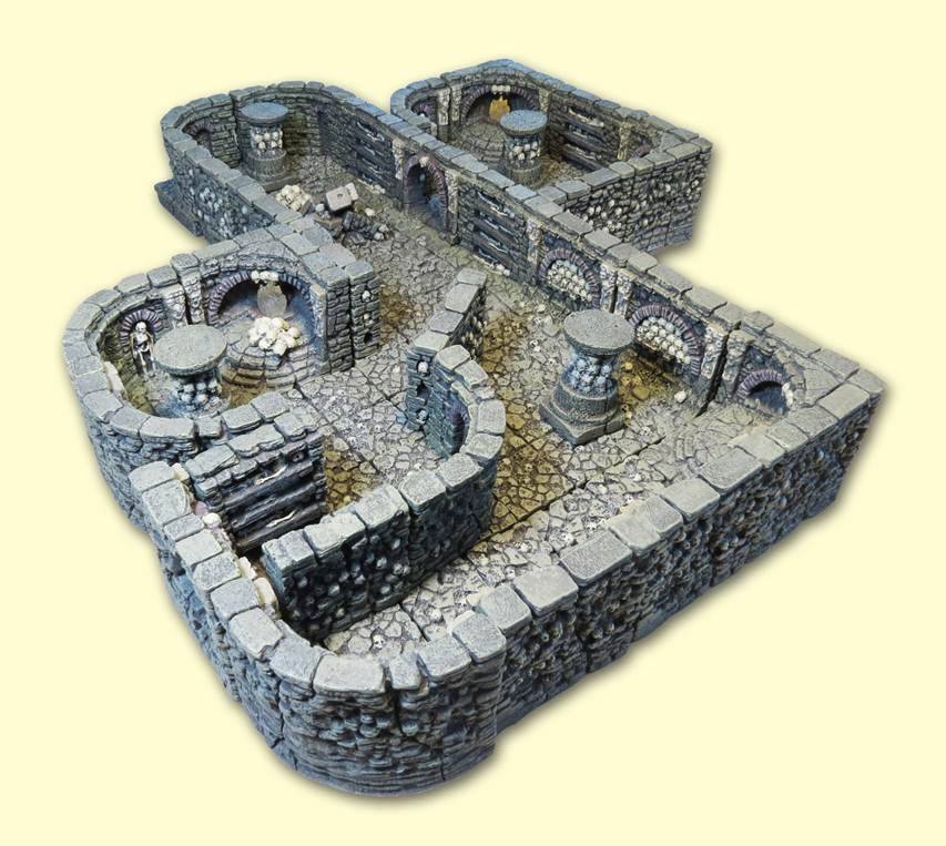 NEW Dwarven Forge Painted Resin 2 X 2 Catacombs Curved Wall with 2 Skeletons 