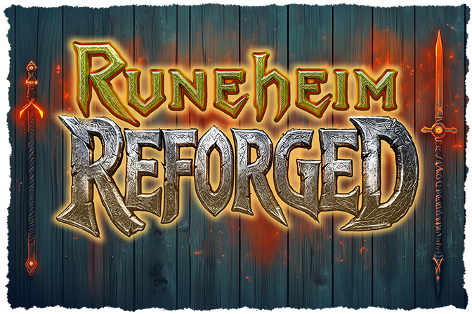 Logo image for Runeheim Reforged. Background is grey wooden boards with eerie orange/red light shining from beneath. Text overlay reads Runeheim Reforged in grey letters with orange outer glow.